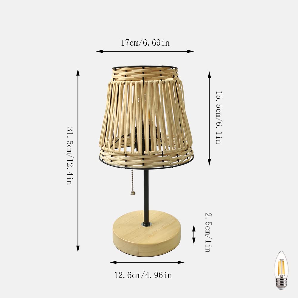 Handmade Bohemian Rattan Bedroom Small Table Lamp,with White Rattan Lamp Shade (Natural Vine Color) with Pull Chain Lamp Holder,E26 Bulb Included…