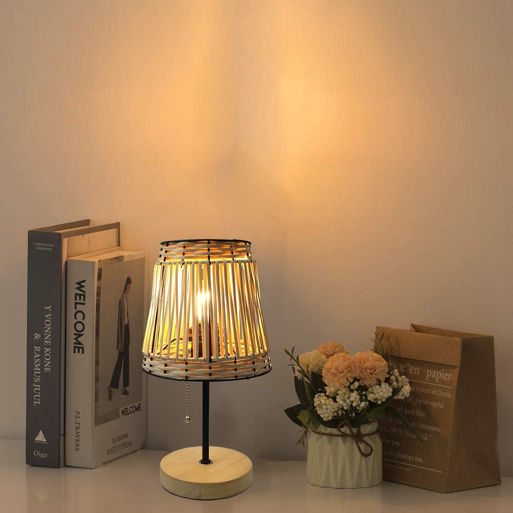 Handmade Bohemian Rattan Bedroom Small Table Lamp,with White Rattan Lamp Shade (Natural Vine Color) with Pull Chain Lamp Holder,E26 Bulb Included…