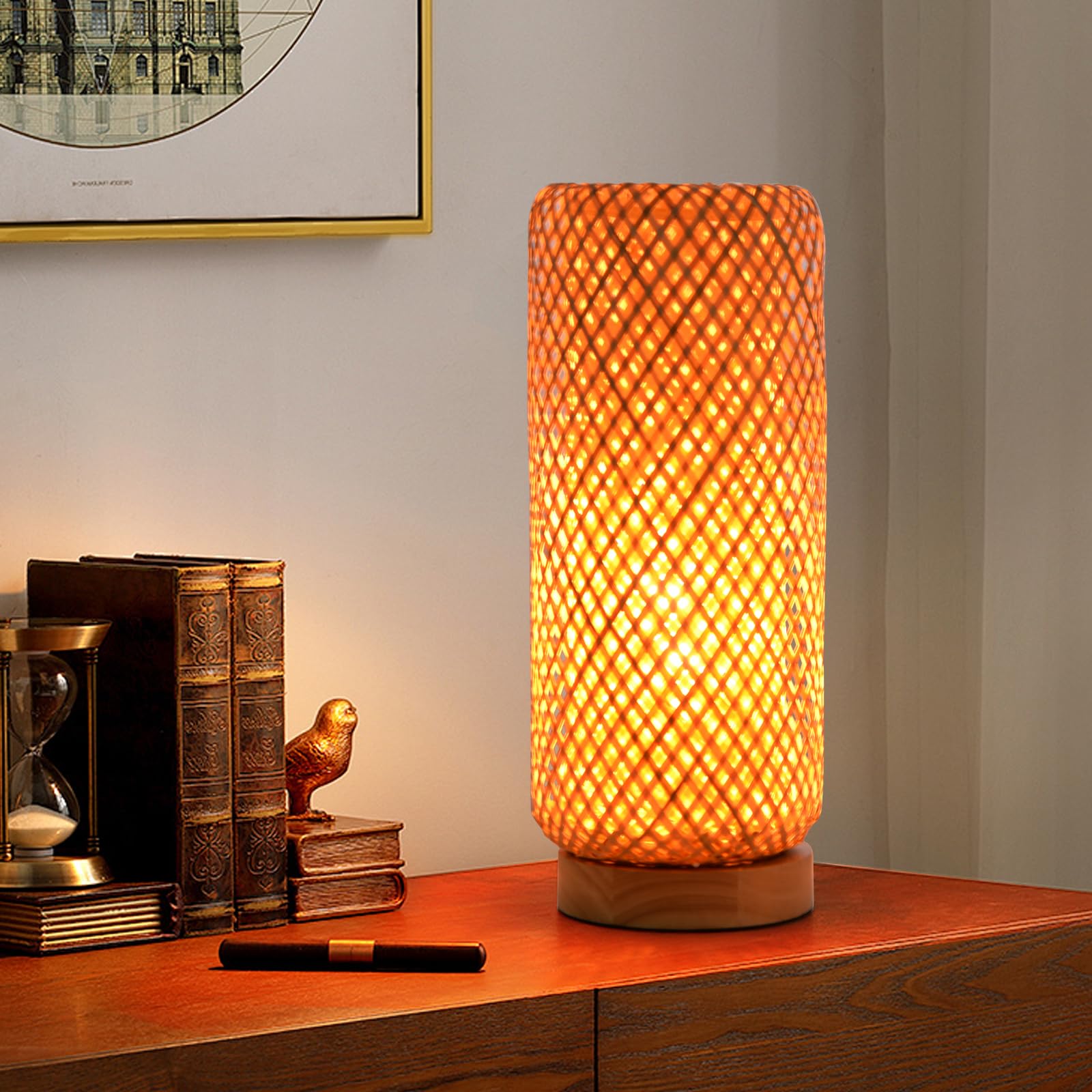 Bamboo Table Lamp, Handmade Boho Beside Night Light, Wicker Desktop Nightstand Accent Lamp for Farmhouse Home Decro