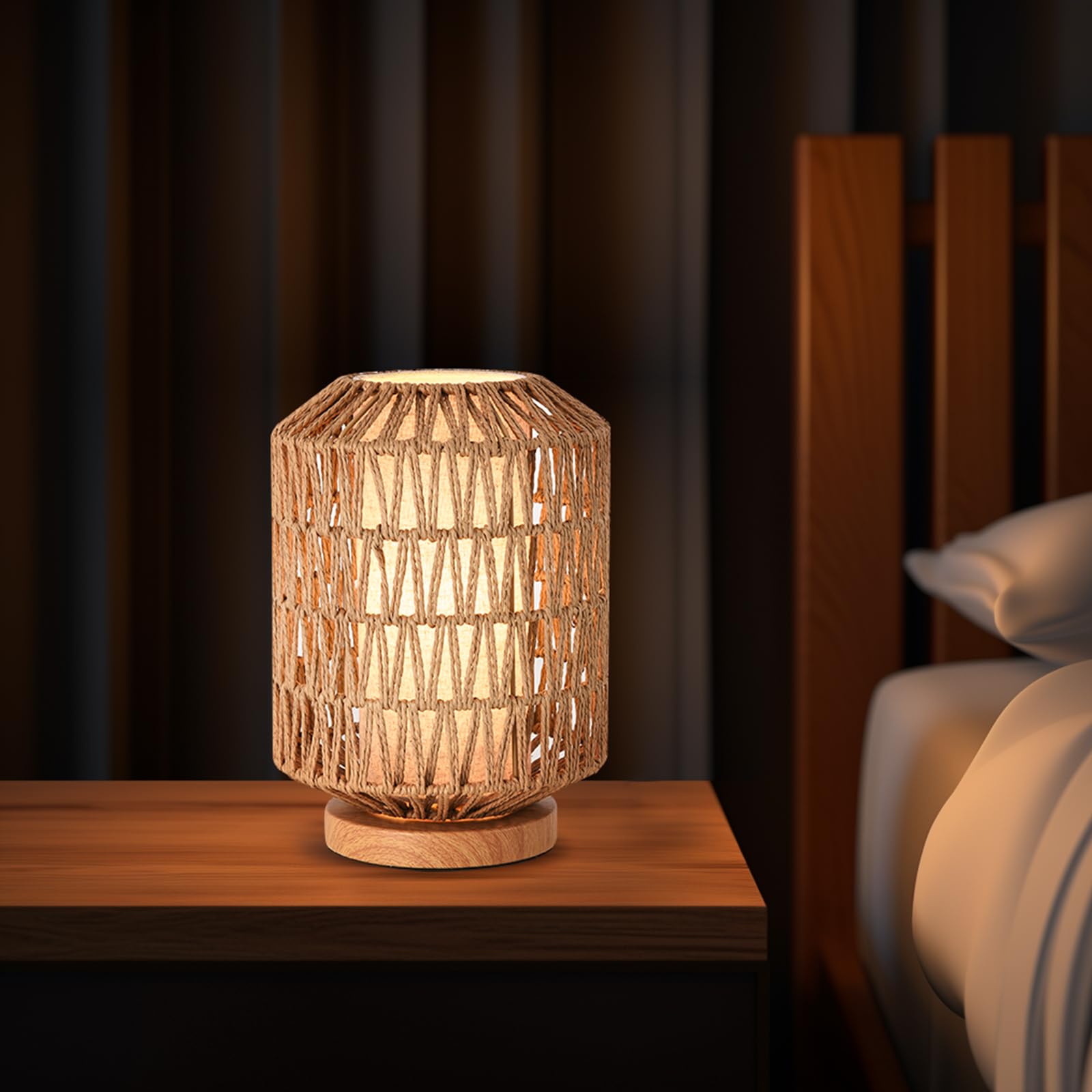 Table lamp, Rattan Double Cover lamp,Farmhouse Rattan Weaving Table Lamp Metal Base, Handmade Boho Bedside Lamp for Bedroom Living Room House Office