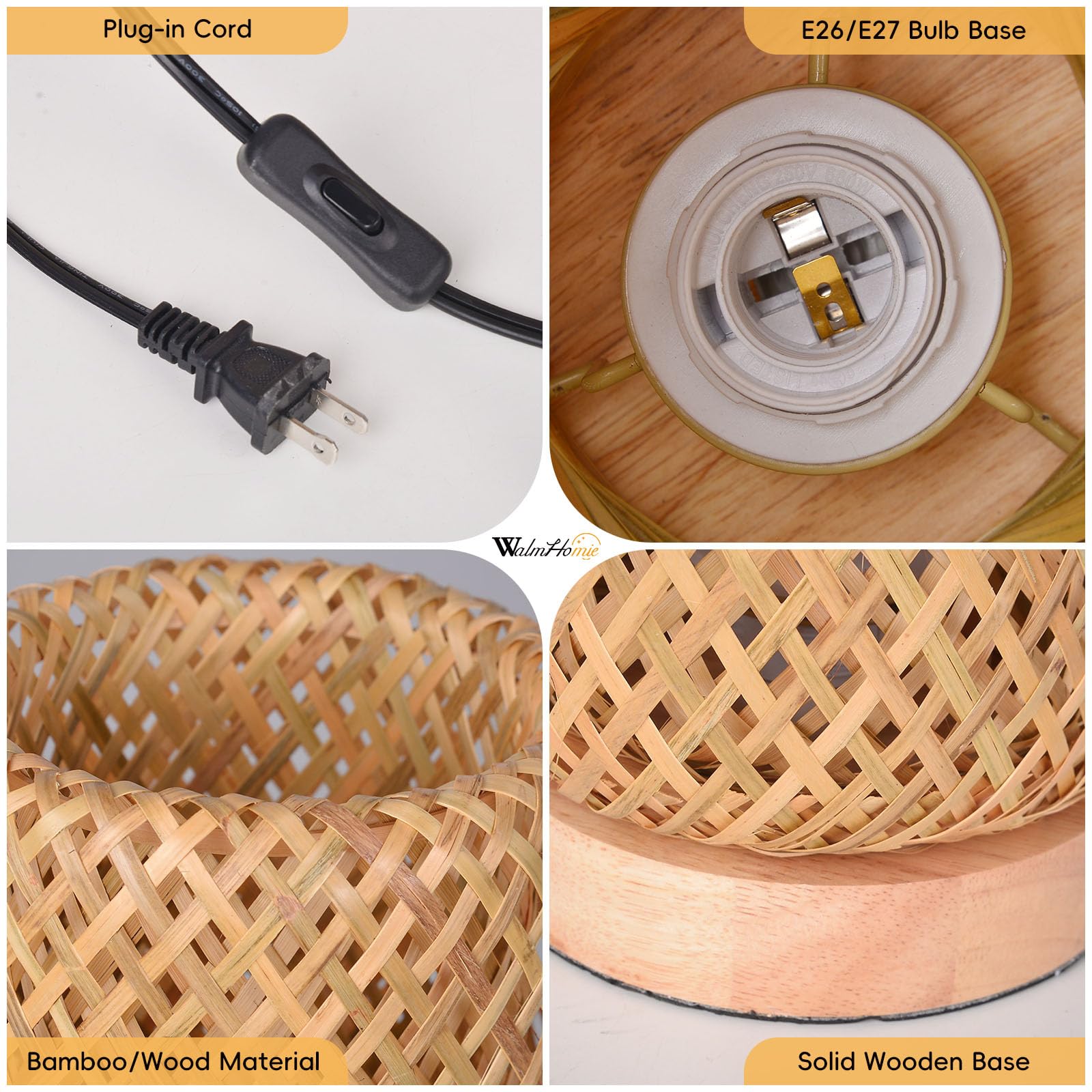 Bamboo Table Lamp, Handmade Boho Beside Night Light, Wicker Desktop Nightstand Accent Lamp for Farmhouse Home Decro